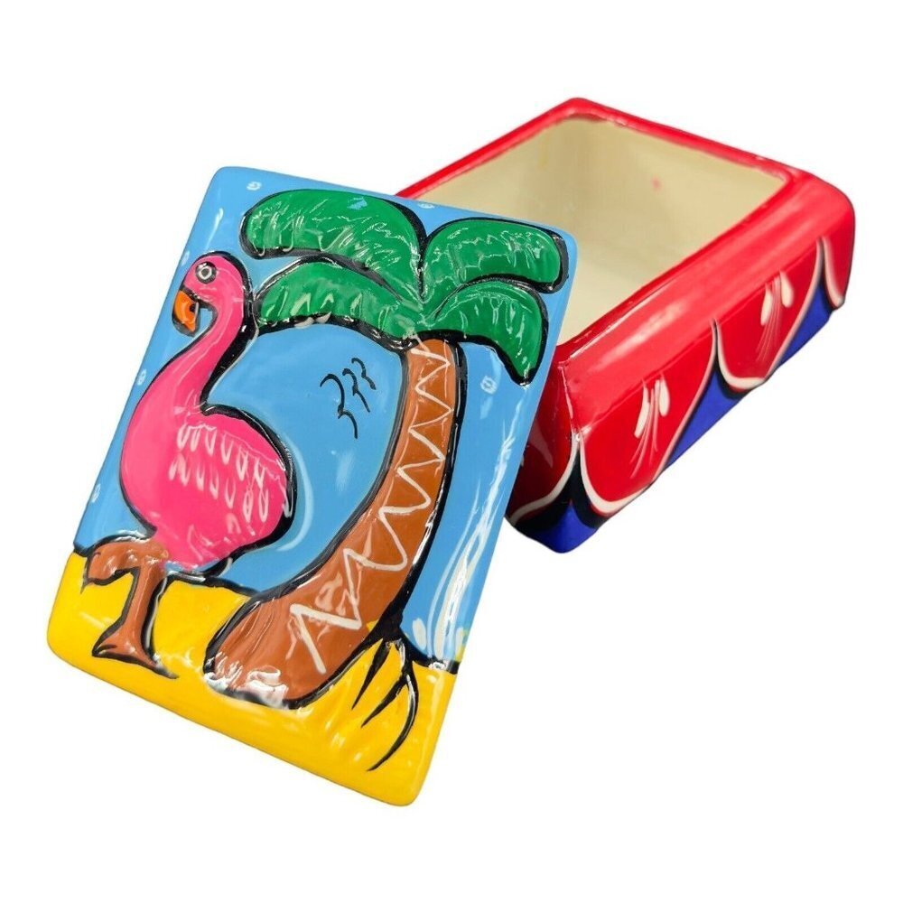 Mexican Ceramic Pottery Covered Trinket Dish Lid Hand Painted Flamingo Palm Tree